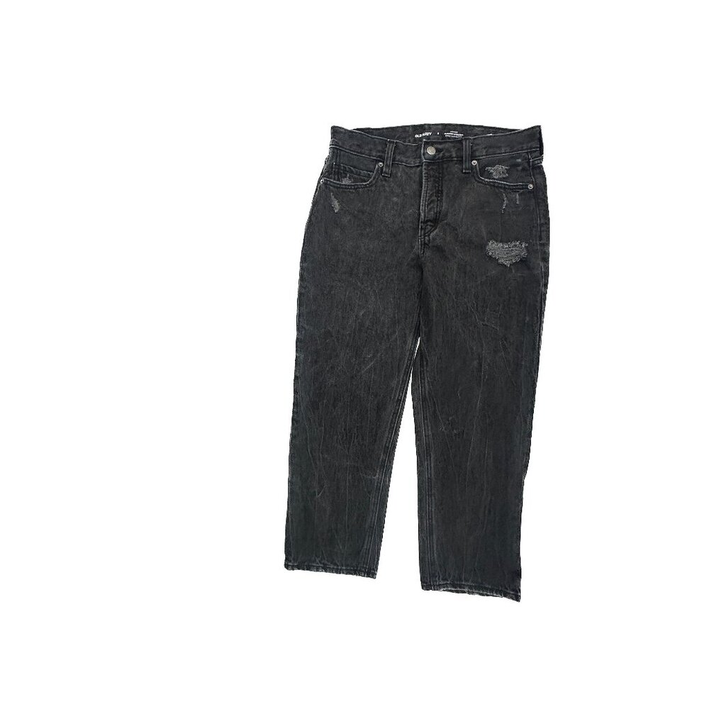Old Navy High Rise Slouchy Straight Distressed Button Fly Women size 6 BlackJean